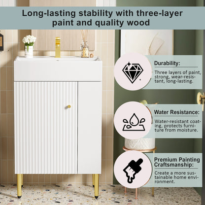 White Ceramic Bathroom Vanity with Storage Cabinet and Gold Legs
