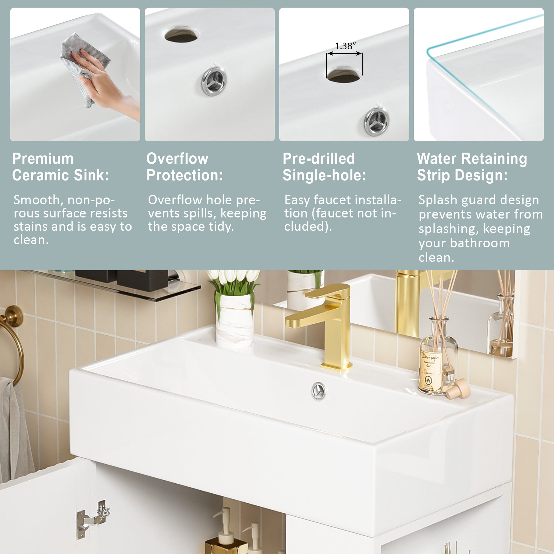 White Ceramic Bathroom Vanity with Storage Cabinet and Gold Legs