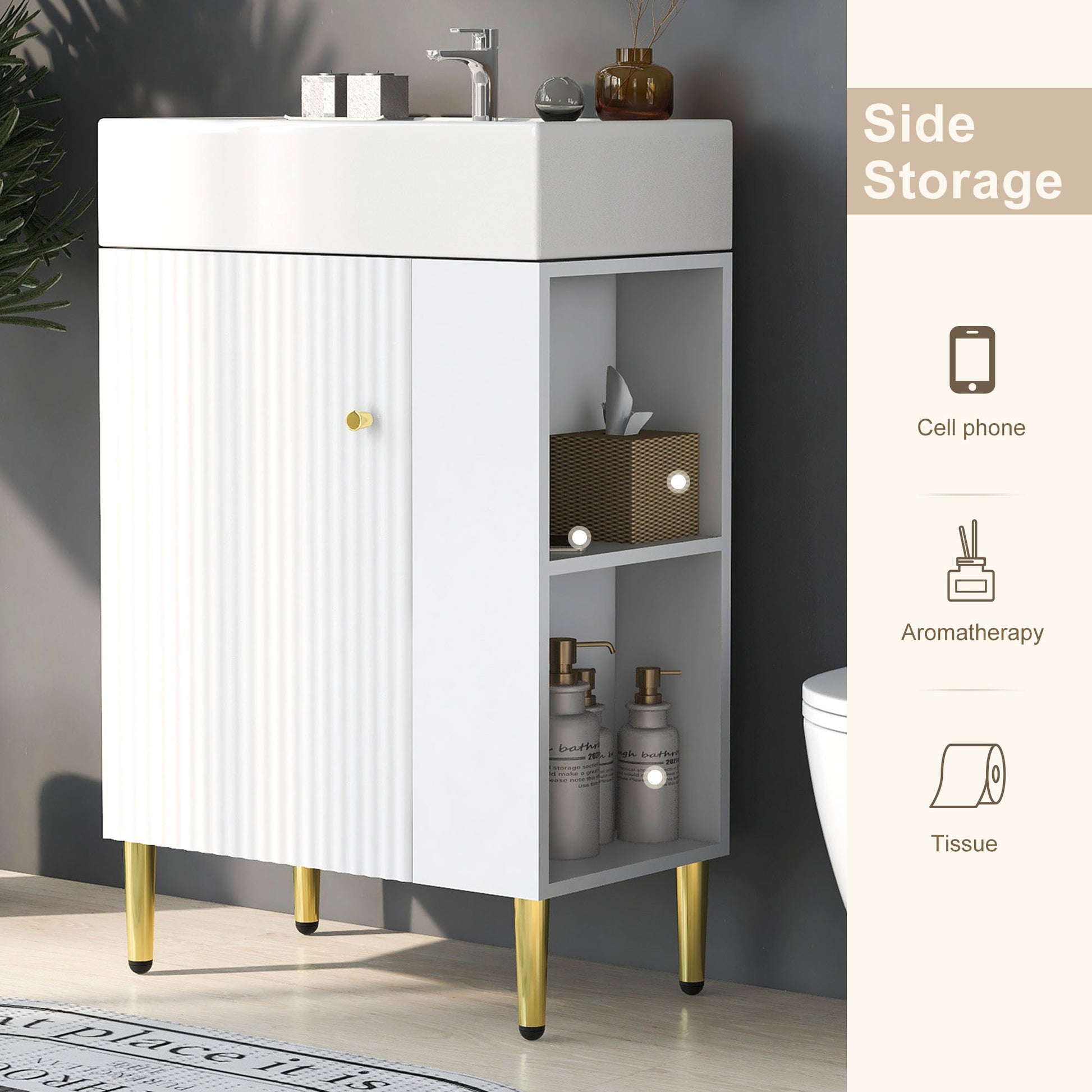 White Ceramic Bathroom Vanity with Storage Cabinet and Gold Legs