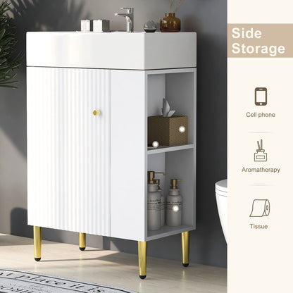 White Ceramic Bathroom Vanity with Storage Cabinet and Gold Legs