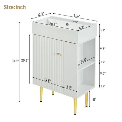 White Ceramic Bathroom Vanity with Storage Cabinet and Gold Legs