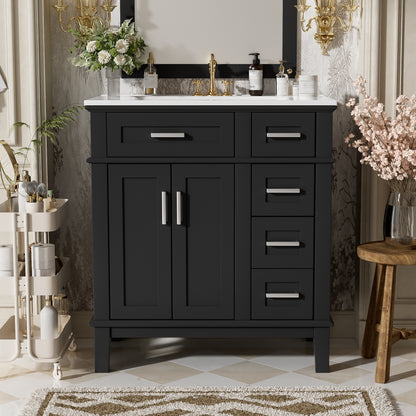 30" Bathroom Vanity with Ceramic Sink - Modern Storage Cabinet, Black
