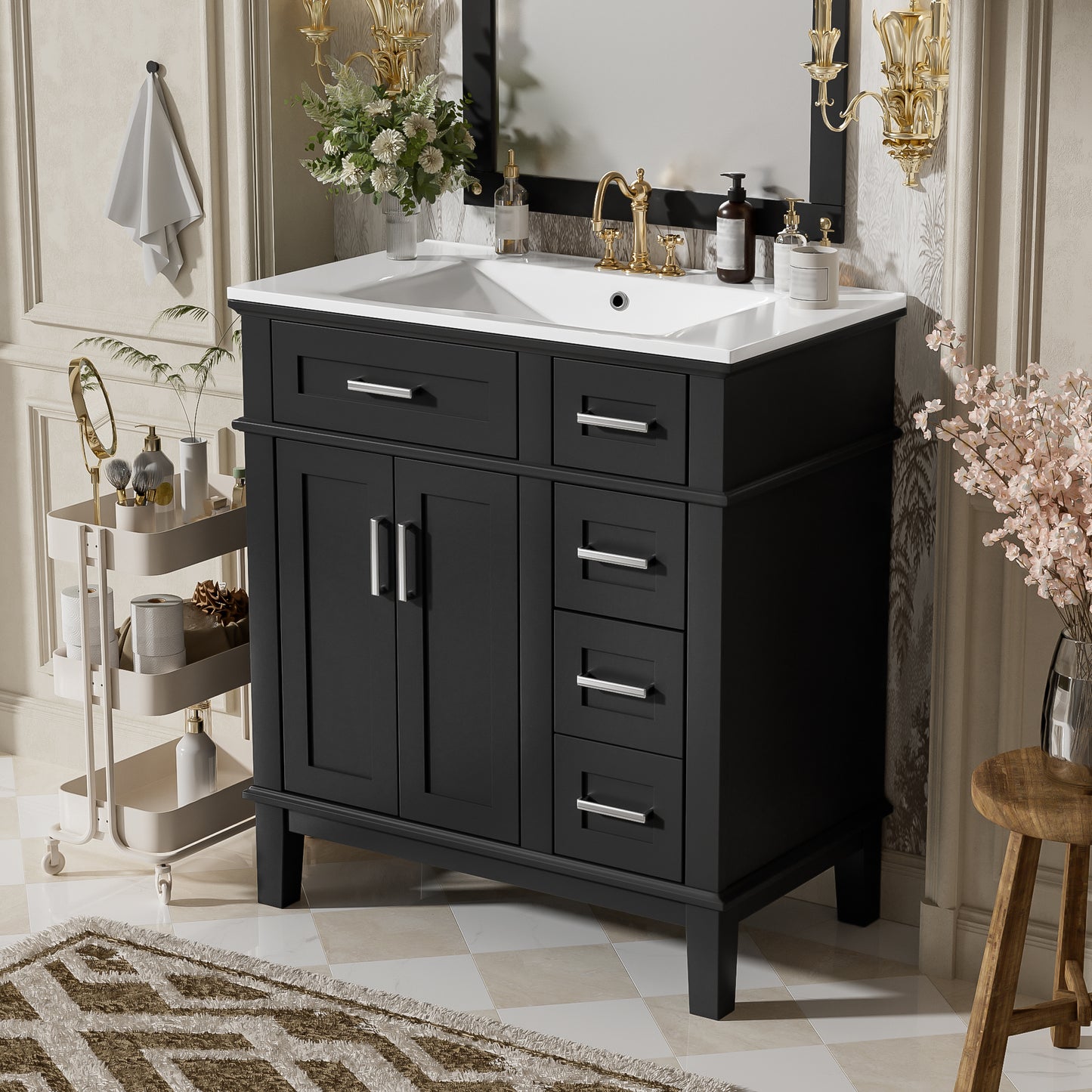 30" Bathroom Vanity with Ceramic Sink - Modern Storage Cabinet, Black