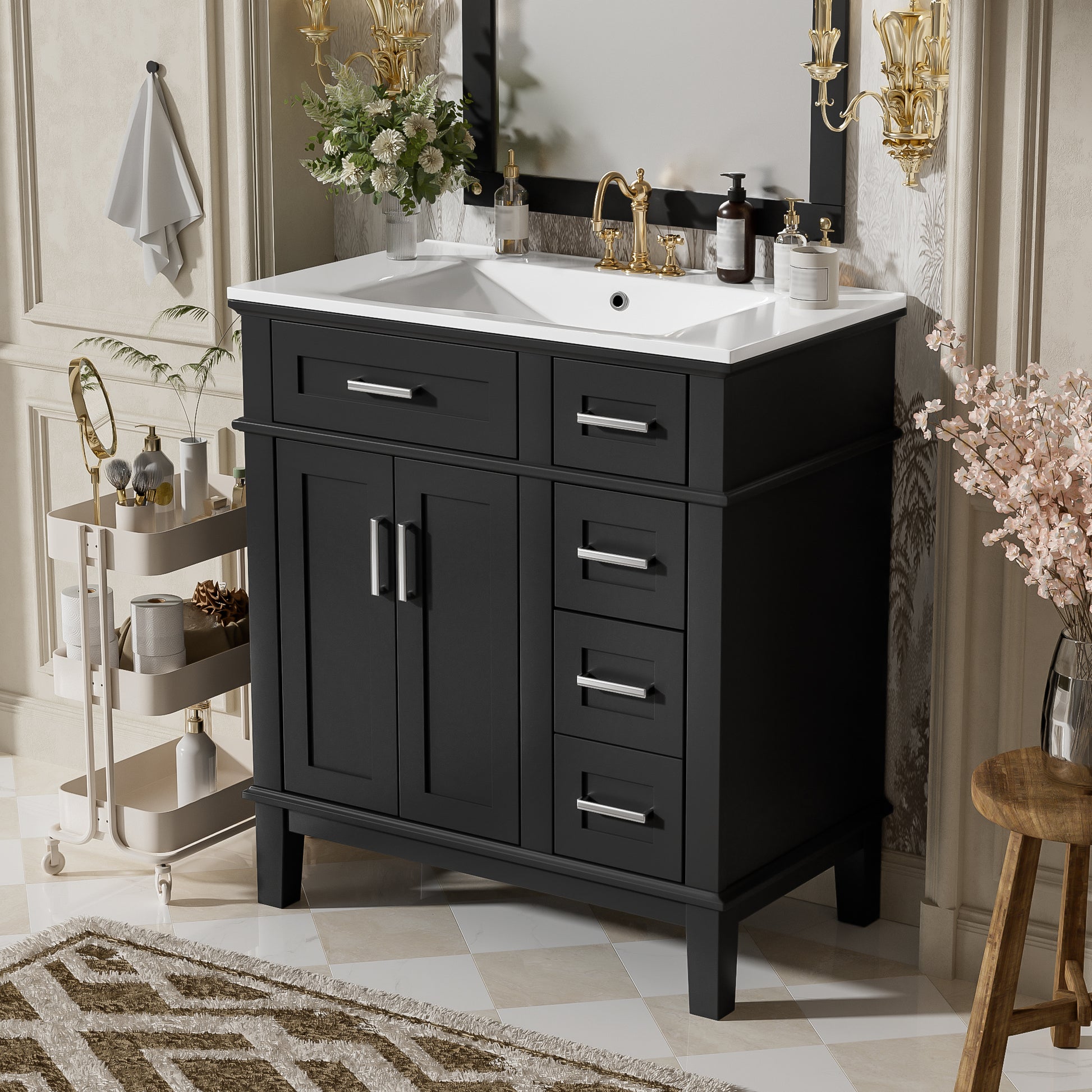 30" Bathroom Vanity with Ceramic Sink - Modern Storage Cabinet, Black
