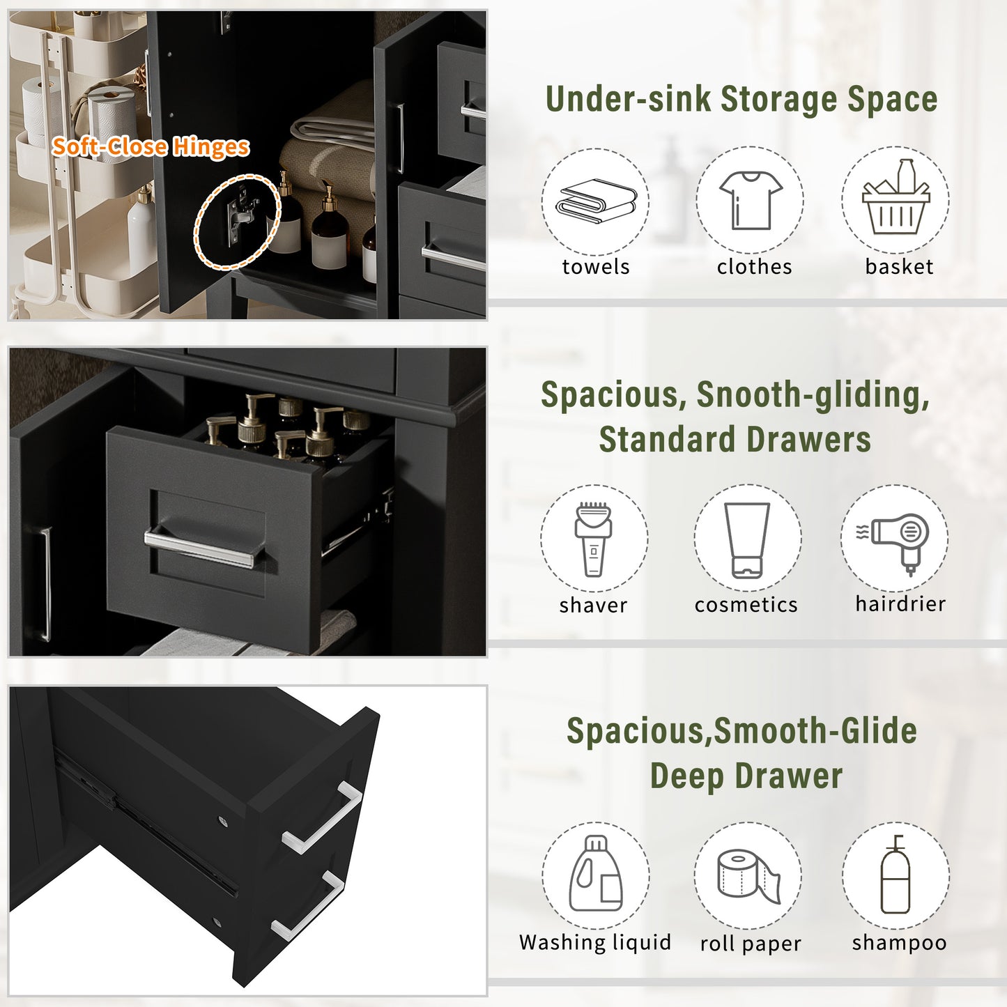 30" Bathroom Vanity with Ceramic Sink - Modern Storage Cabinet, Black