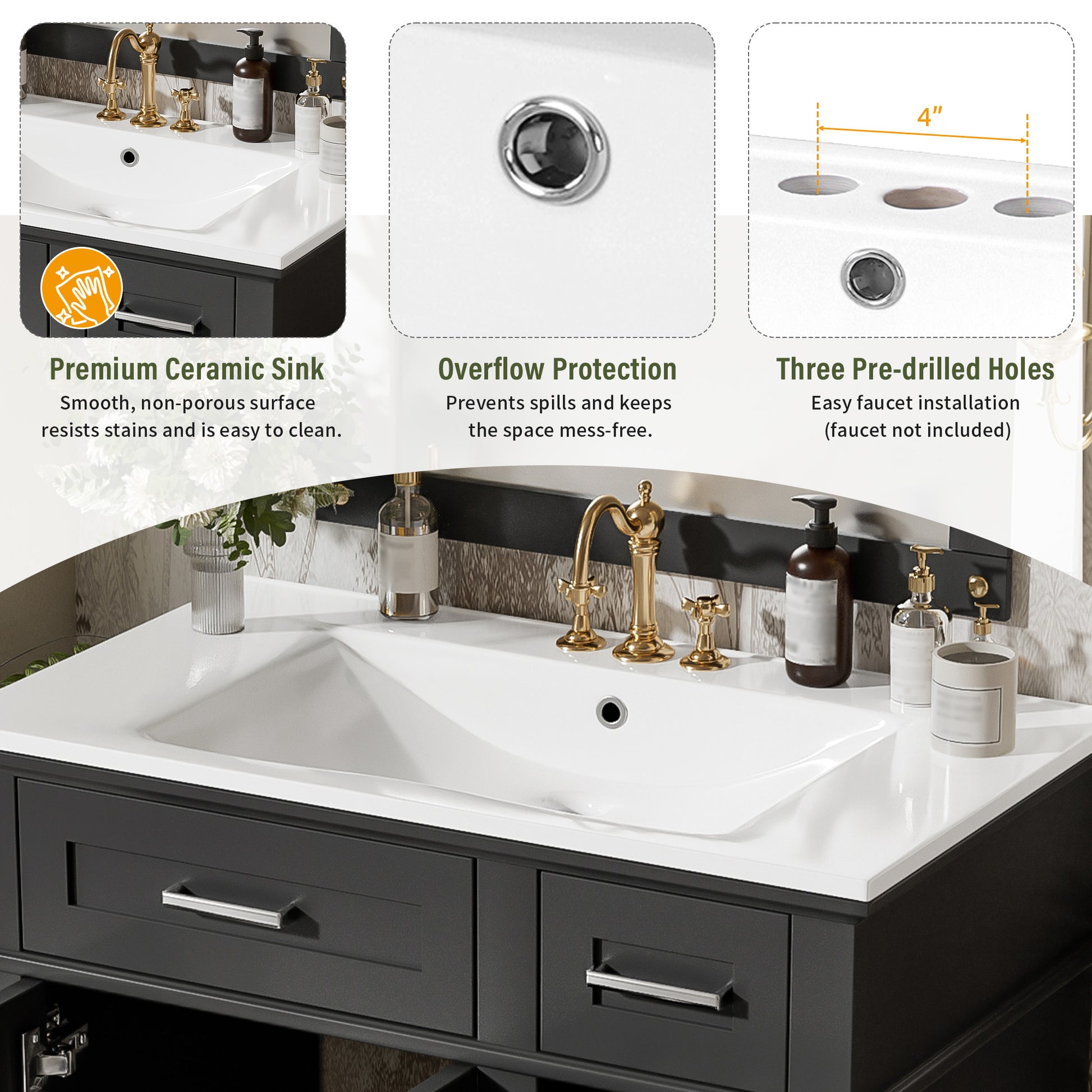 30" Bathroom Vanity with Ceramic Sink - Modern Storage Cabinet, Black