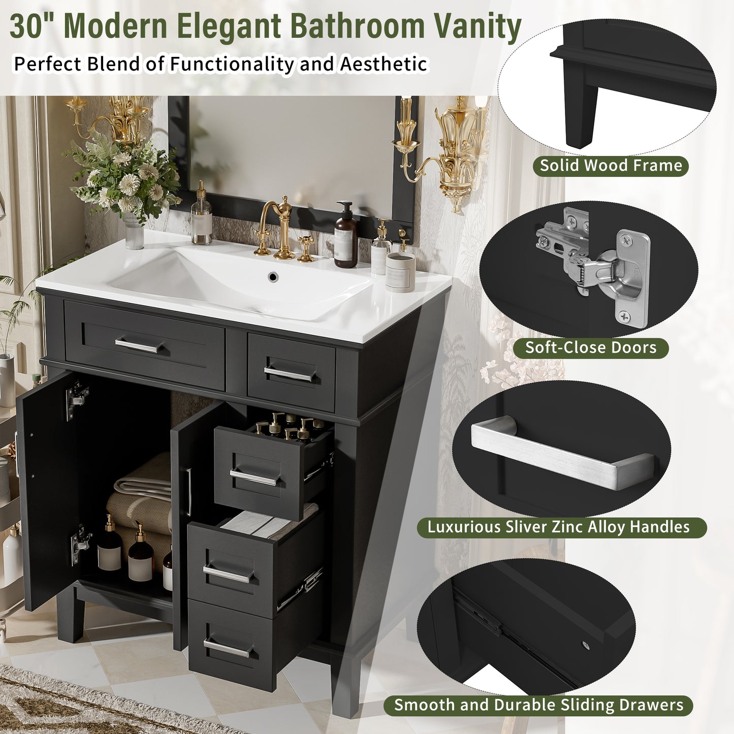 30" Bathroom Vanity with Ceramic Sink - Modern Storage Cabinet, Black