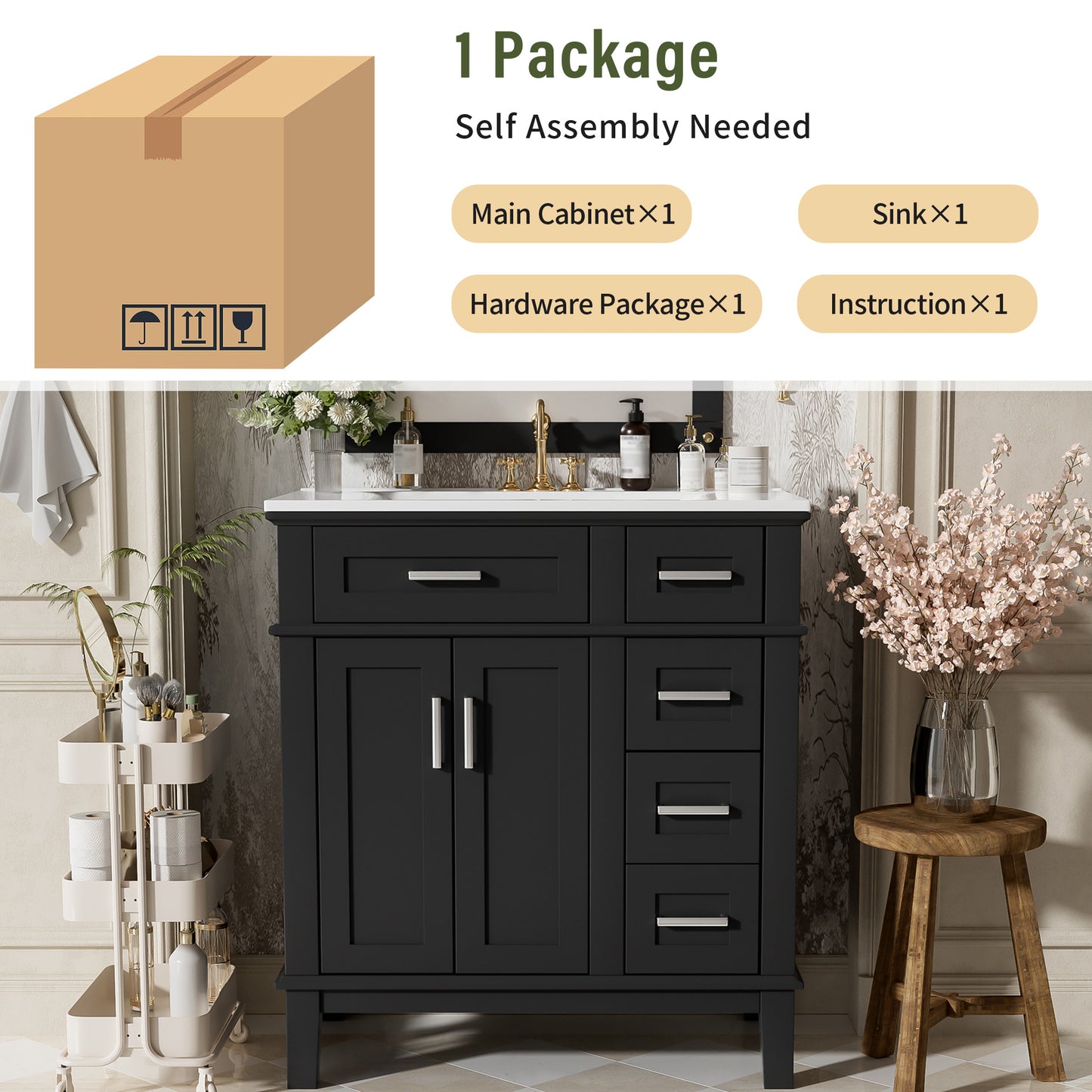 30" Bathroom Vanity with Ceramic Sink - Modern Storage Cabinet, Black
