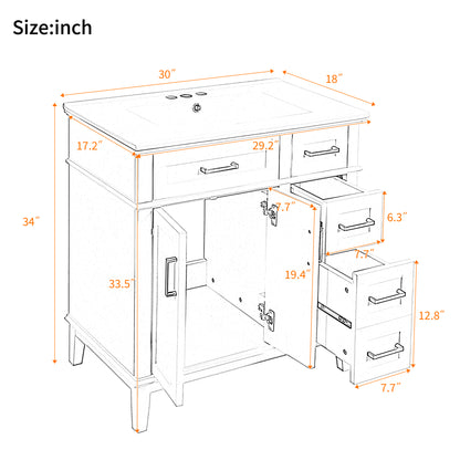 30" Bathroom Vanity with Ceramic Sink - Modern Storage Cabinet, Black