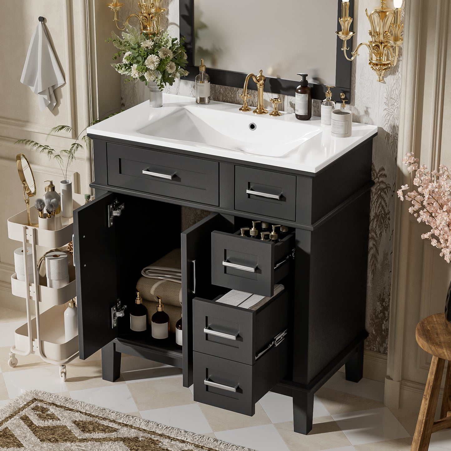30" Bathroom Vanity with Ceramic Sink, Modern Storage Cabinet with Soft-Close Doors, Deep Drawer & Standard Drawer, Stylish Bath Vanity for Small Bathrooms