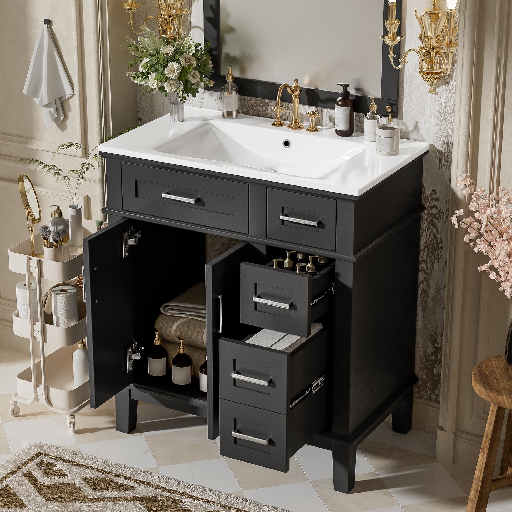 30" Bathroom Vanity with Ceramic Sink, Modern Storage Cabinet with Soft-Close Doors, Deep Drawer & Standard Drawer, Stylish Bath Vanity for Small Bathrooms
