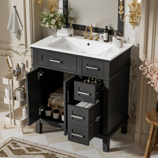 30" Bathroom Vanity with Ceramic Sink, Modern Storage Cabinet with Soft-Close Doors, Deep Drawer & Standard Drawer, Stylish Bath Vanity for Small Bathrooms