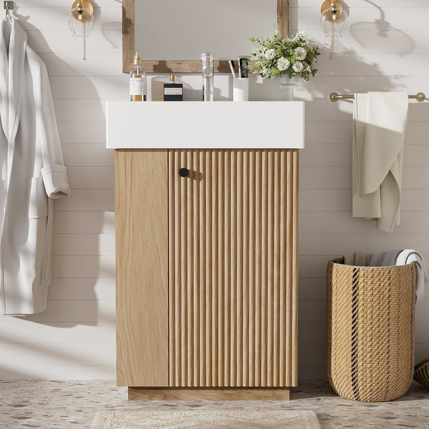 21.6" bathroom vanity with ceramic sink, freestanding modern right door wood grain cabinet with open and closed storage for small bathrooms