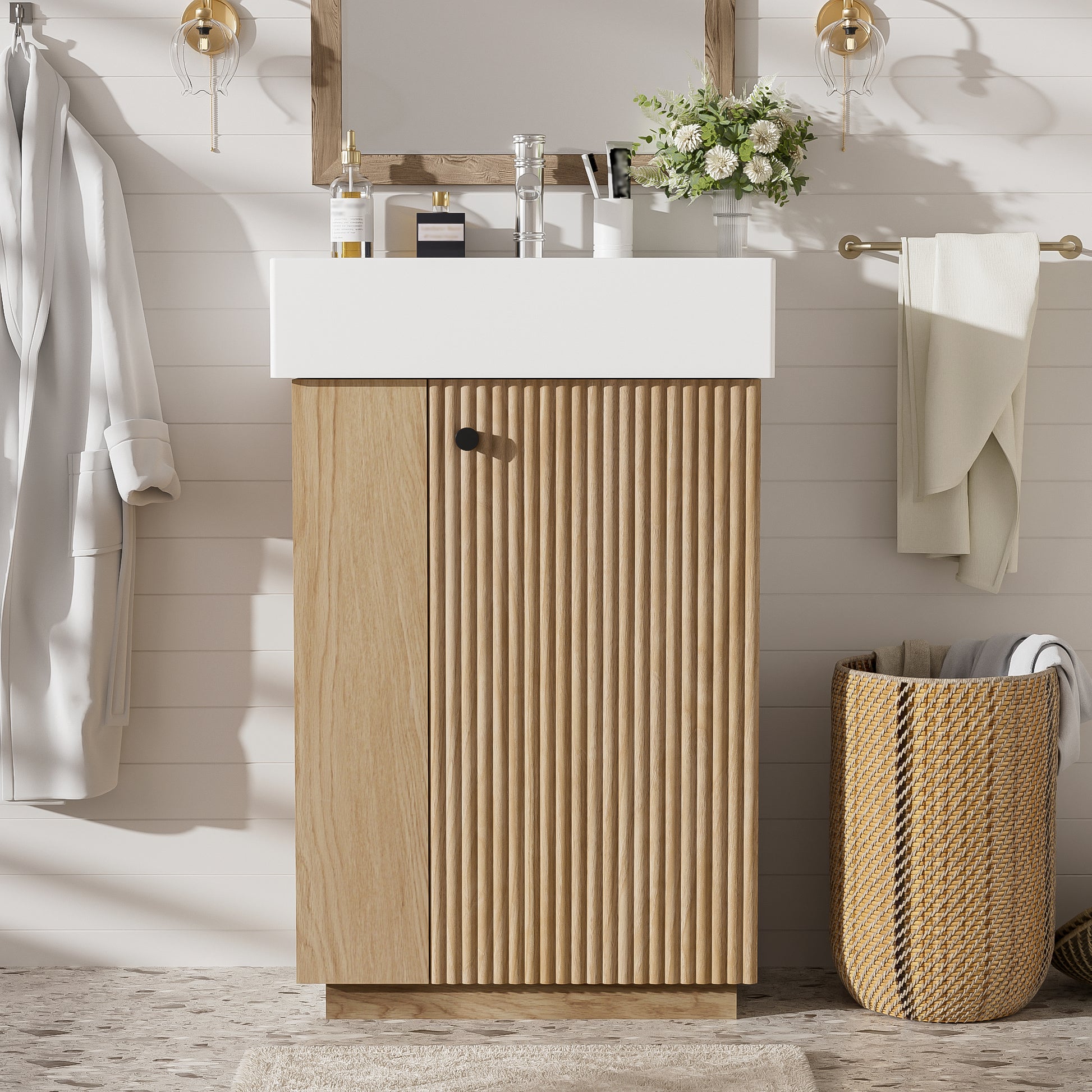 21.6" bathroom vanity with ceramic sink, freestanding modern right door wood grain cabinet with open and closed storage for small bathrooms