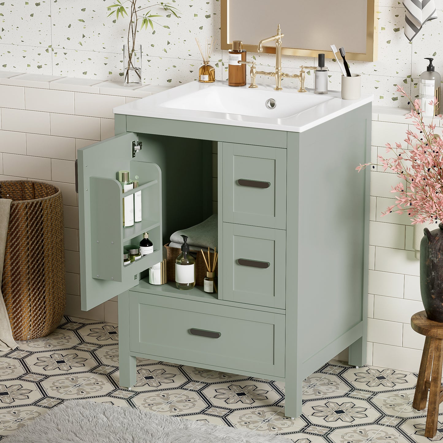 Modern 24-Inch Bathroom Vanity - Green Solid Wood MDF