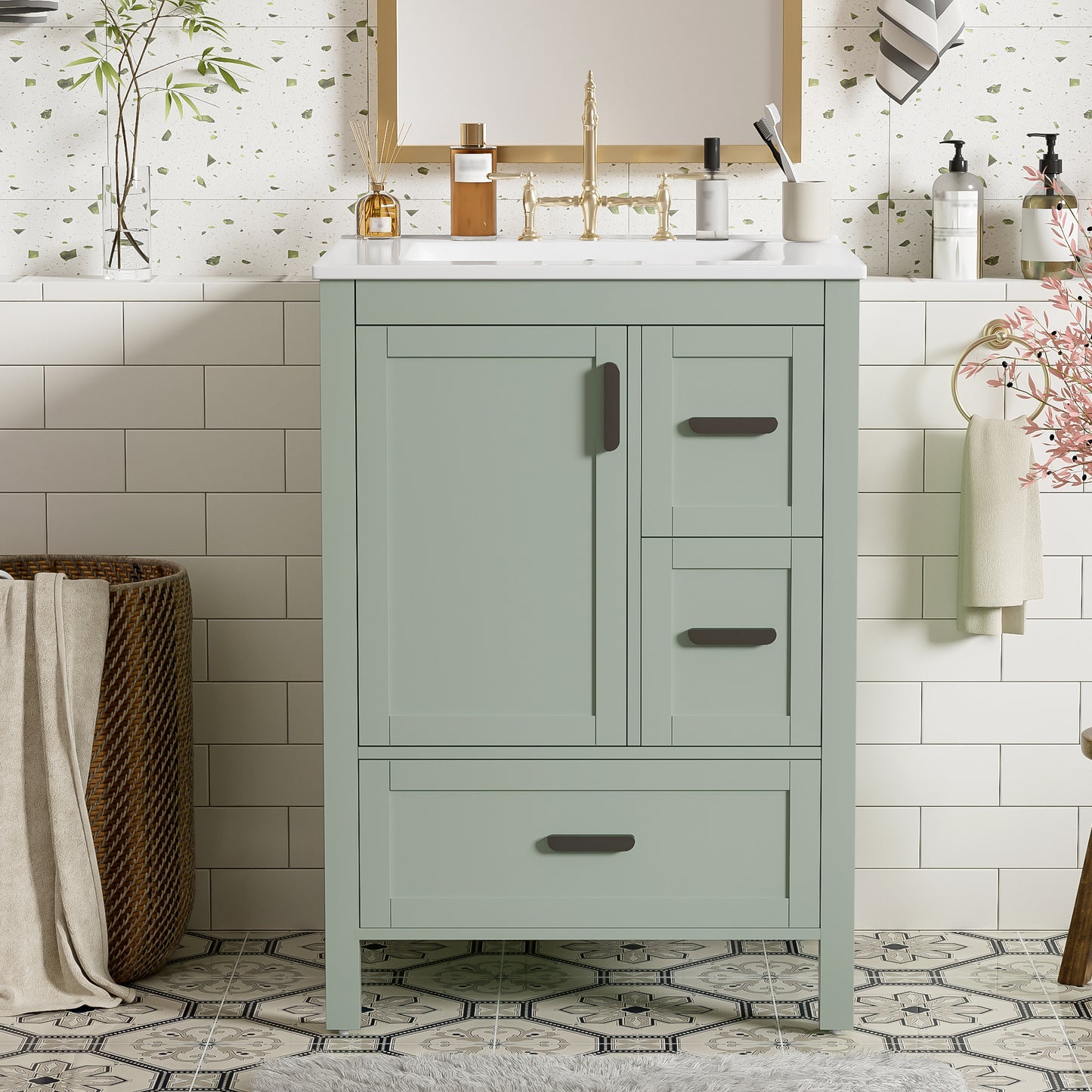 Modern 24-Inch Bathroom Vanity - Green Solid Wood MDF