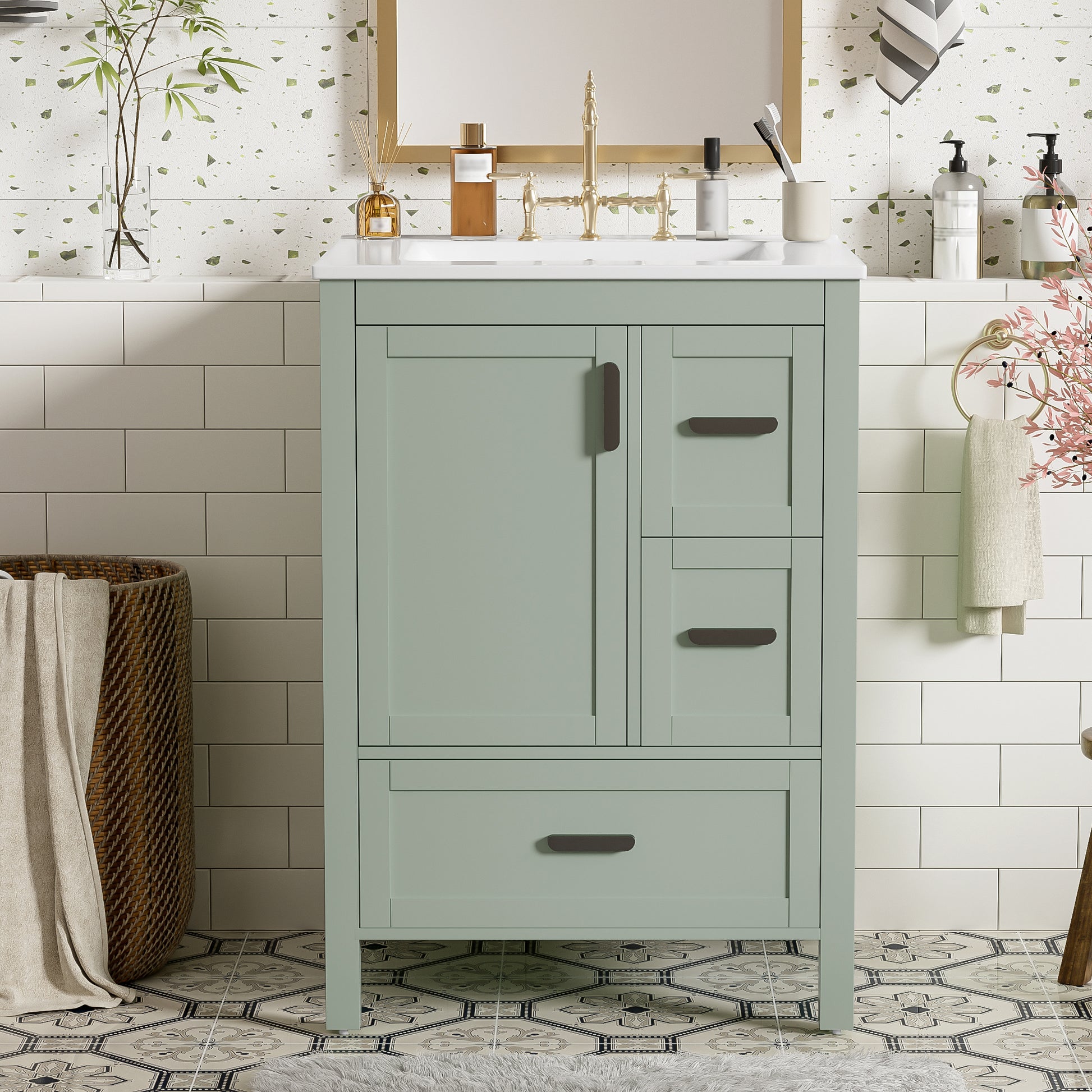 Modern 24-Inch Bathroom Vanity - Green Solid Wood MDF