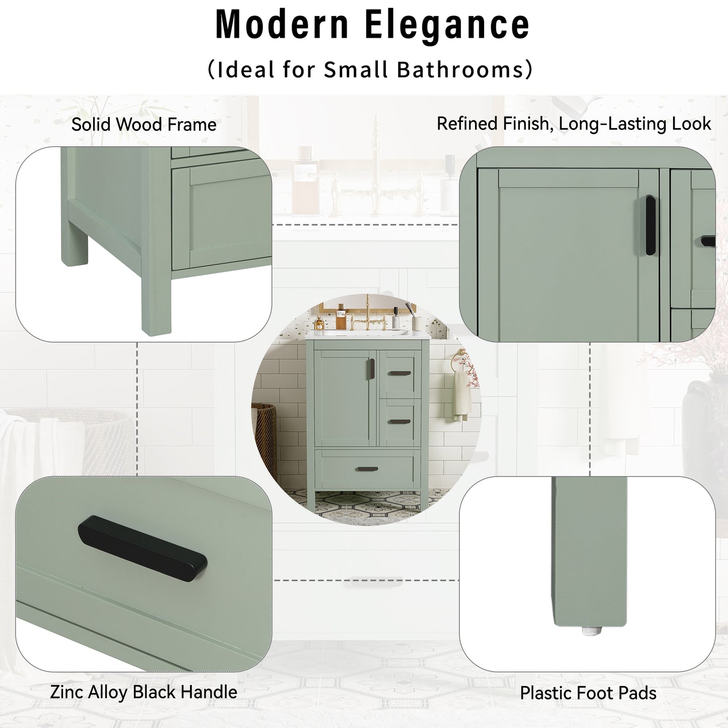 Modern 24-Inch Bathroom Vanity - Green Solid Wood MDF