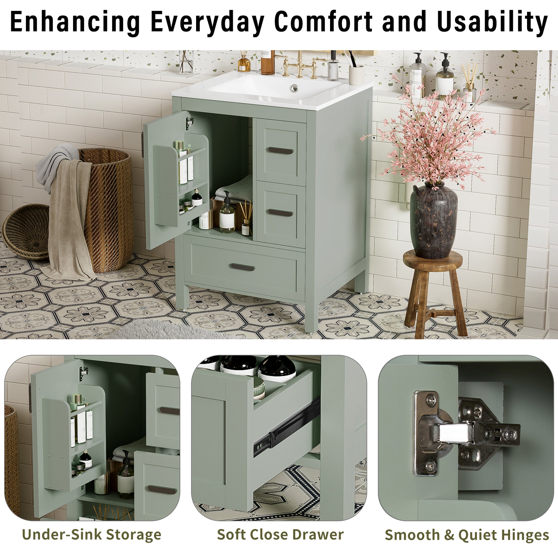 Modern 24-Inch Bathroom Vanity - Green Solid Wood MDF