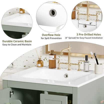 Modern 24-Inch Bathroom Vanity - Green Solid Wood MDF