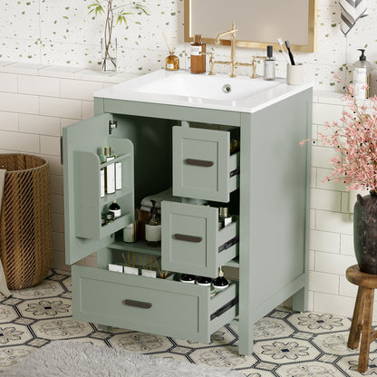 Modern 24-inch Bathroom Vanity with Ceramic Sink, Soft-Close Door, Double-Layer Door Shelf, and 3 Drawers