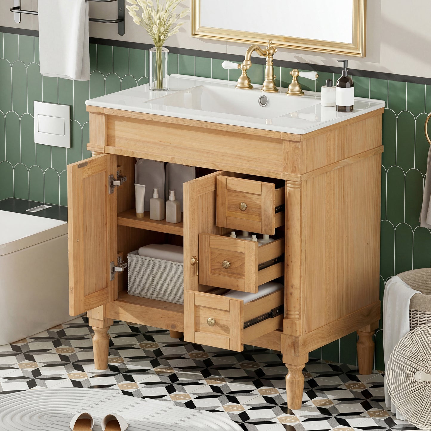 30-Inch Modern Bathroom Vanity, Solid Wood Frame + MDF, 2 Doors 3 Drawers, Soft-Close Design, U-Shaped Adjustable Shelf, Ceramic Sink, Bathroom Storage Cabinet Set, Modern Elegant Design