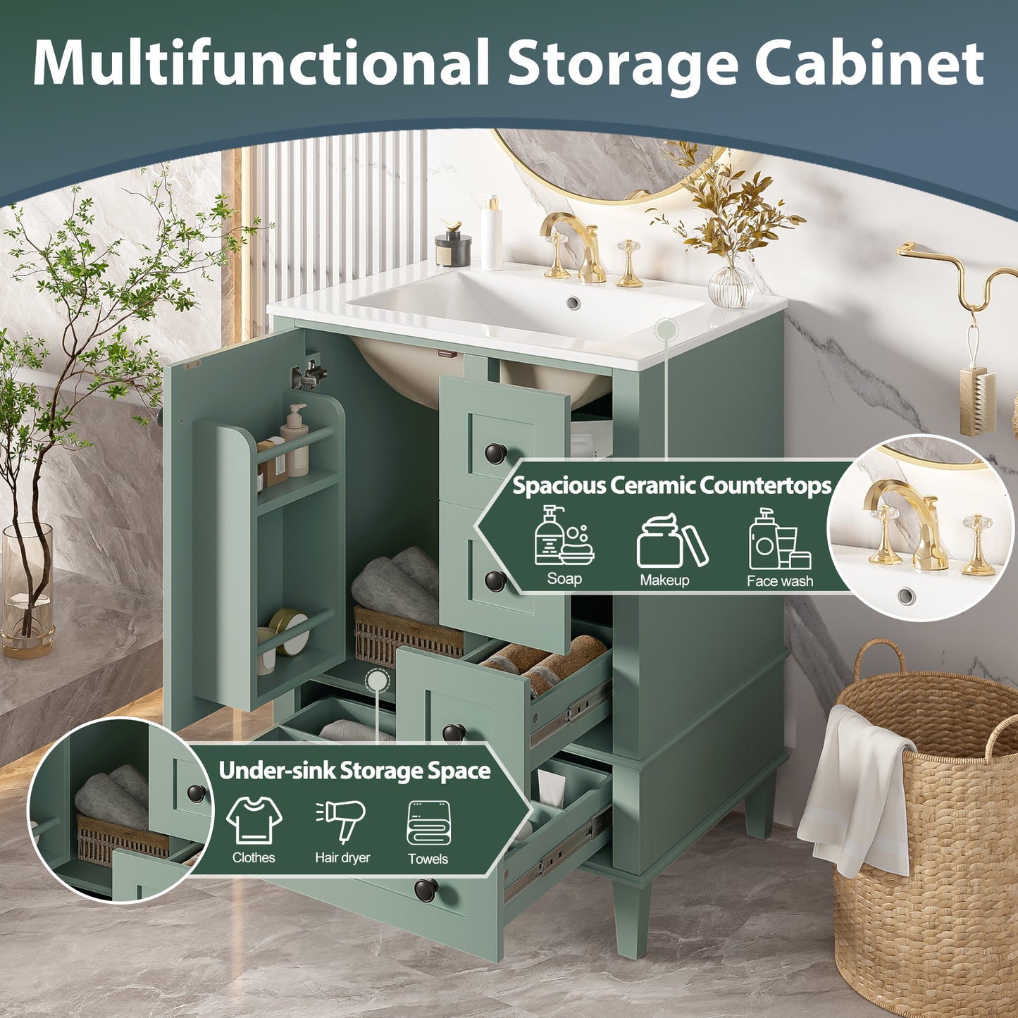 Light Green Bathroom Vanity - 24 Inch Storage Sink
