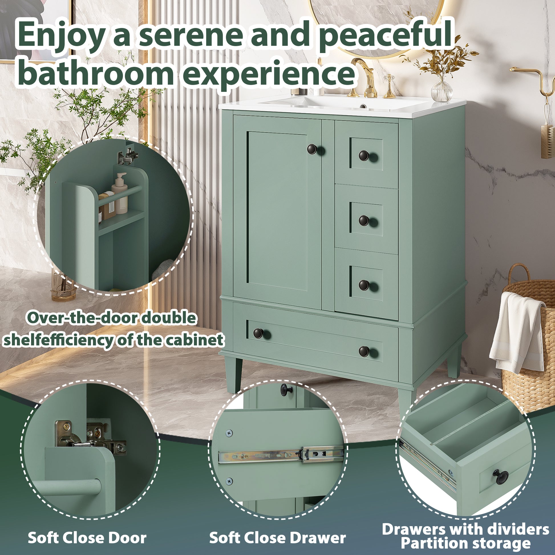 Light Green Bathroom Vanity - 24 Inch Storage Sink