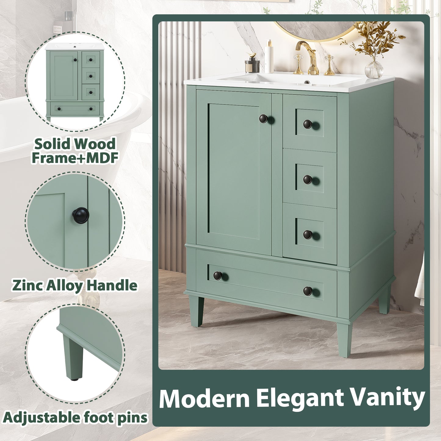 Light Green Bathroom Vanity - 24 Inch Storage Sink