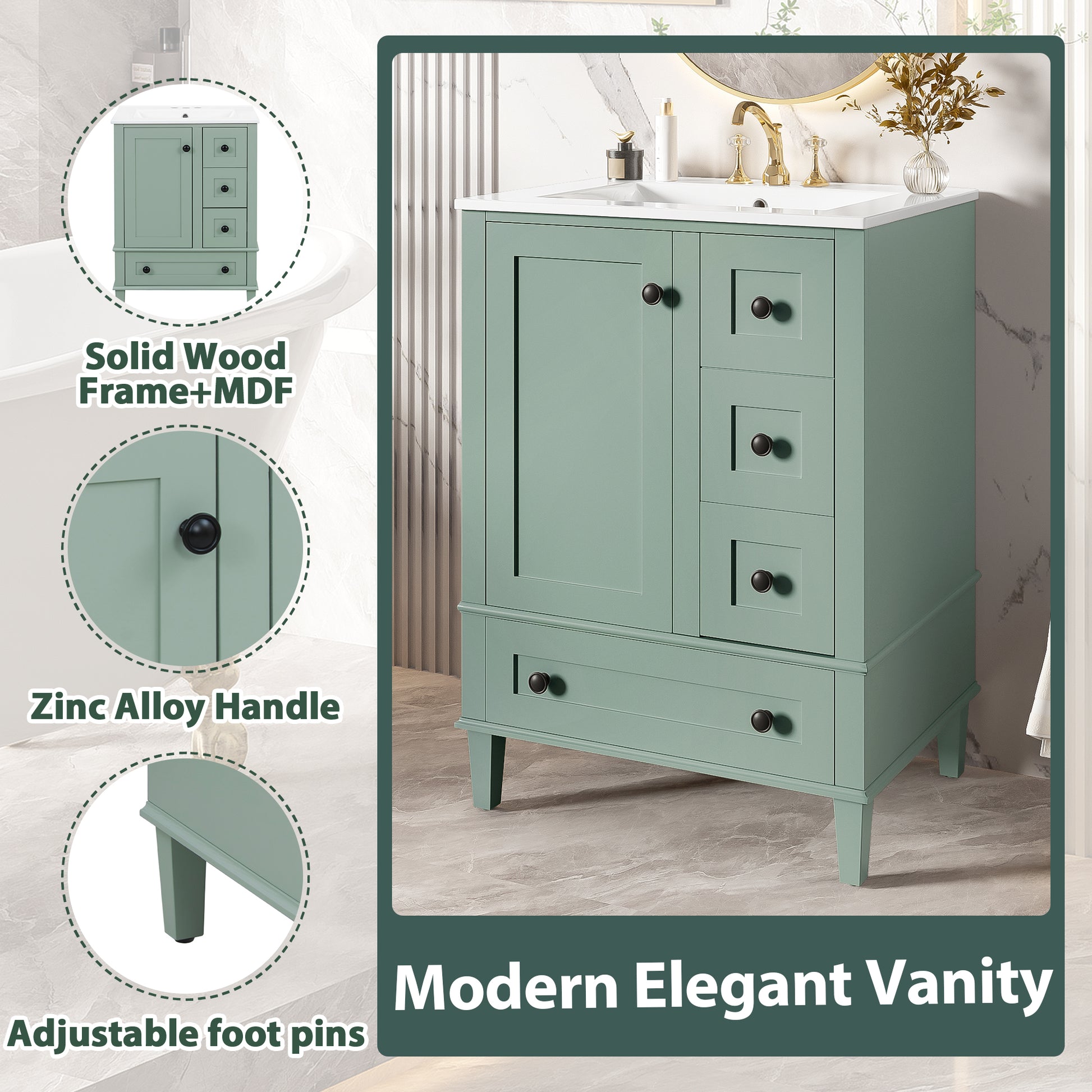 Light Green Bathroom Vanity - 24 Inch Storage Sink