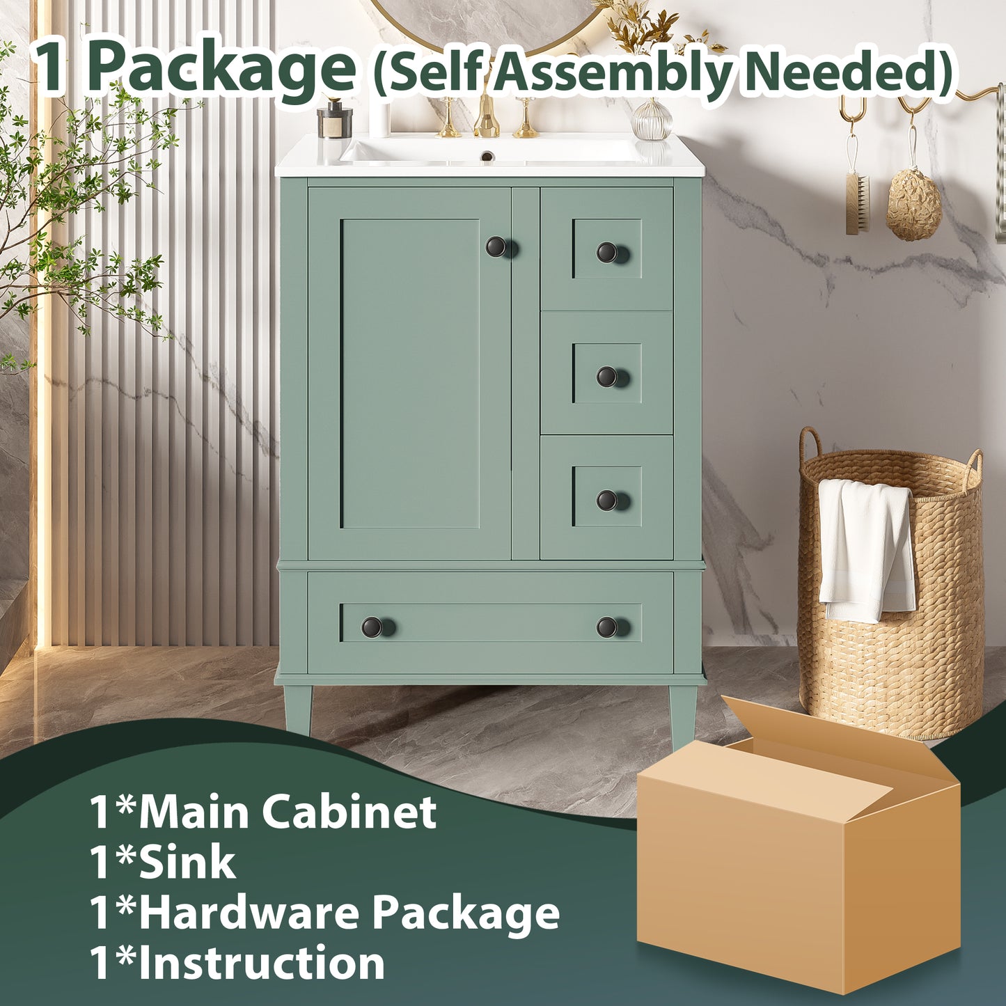 Light Green Bathroom Vanity - 24 Inch Storage Sink
