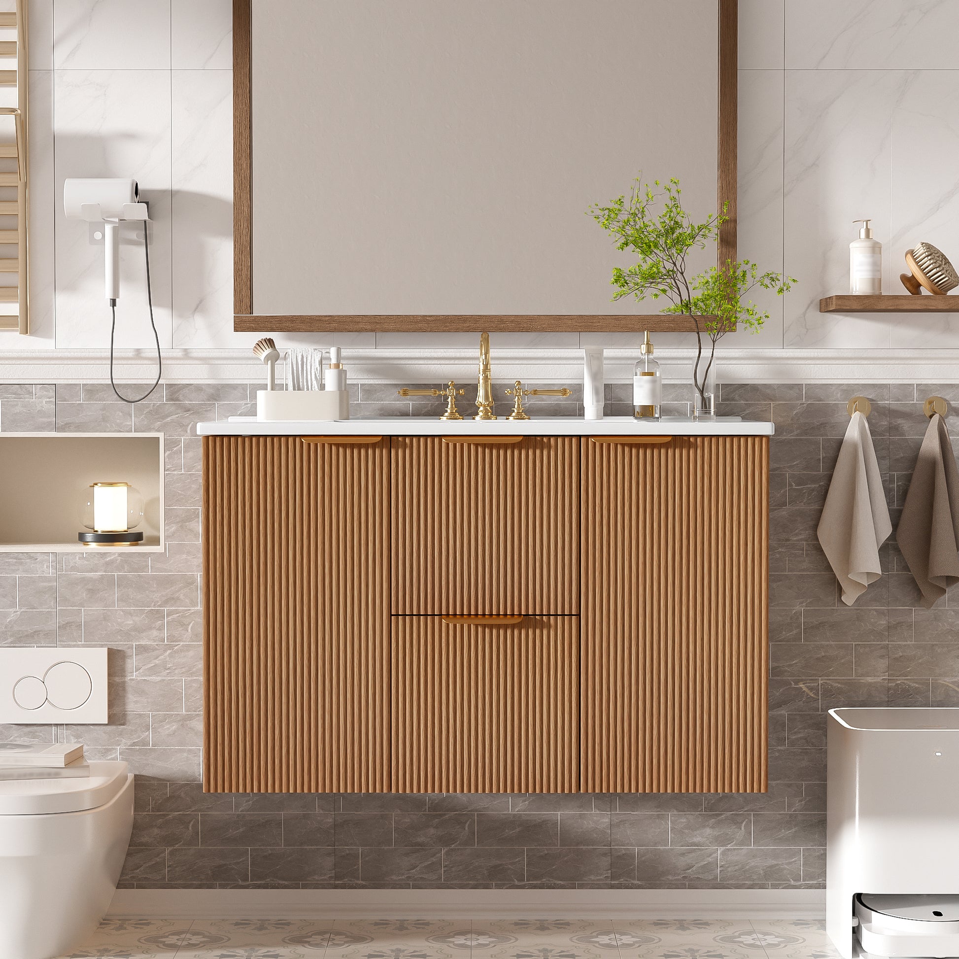 [Video]36 Inch Single Sink Bathroom Vanity with ceramic Top, MDF Cabinet, Soft Close Doors, Divided Drawers, Wall-Mounted Modern Storage Vanity
