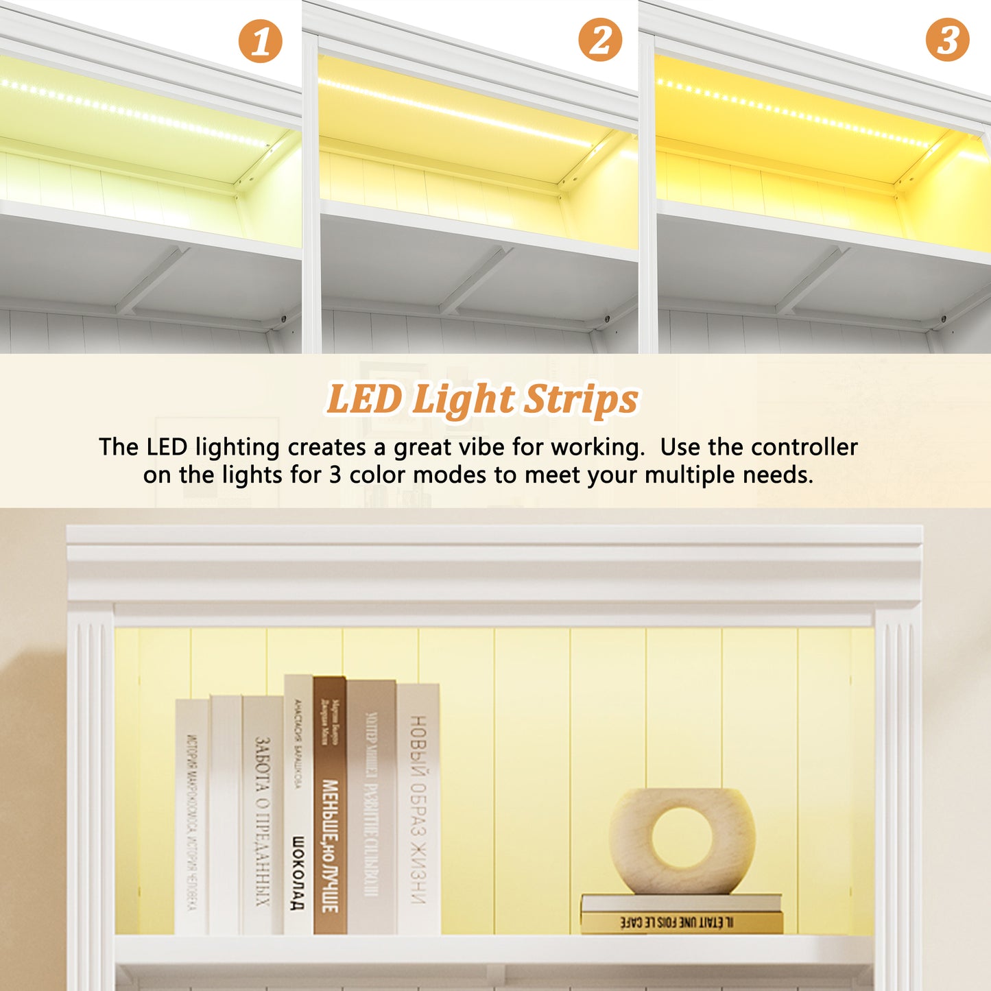 Solid Wood 5 Tier Bookshelf with LED Lighting for Home Storage for Living Room
