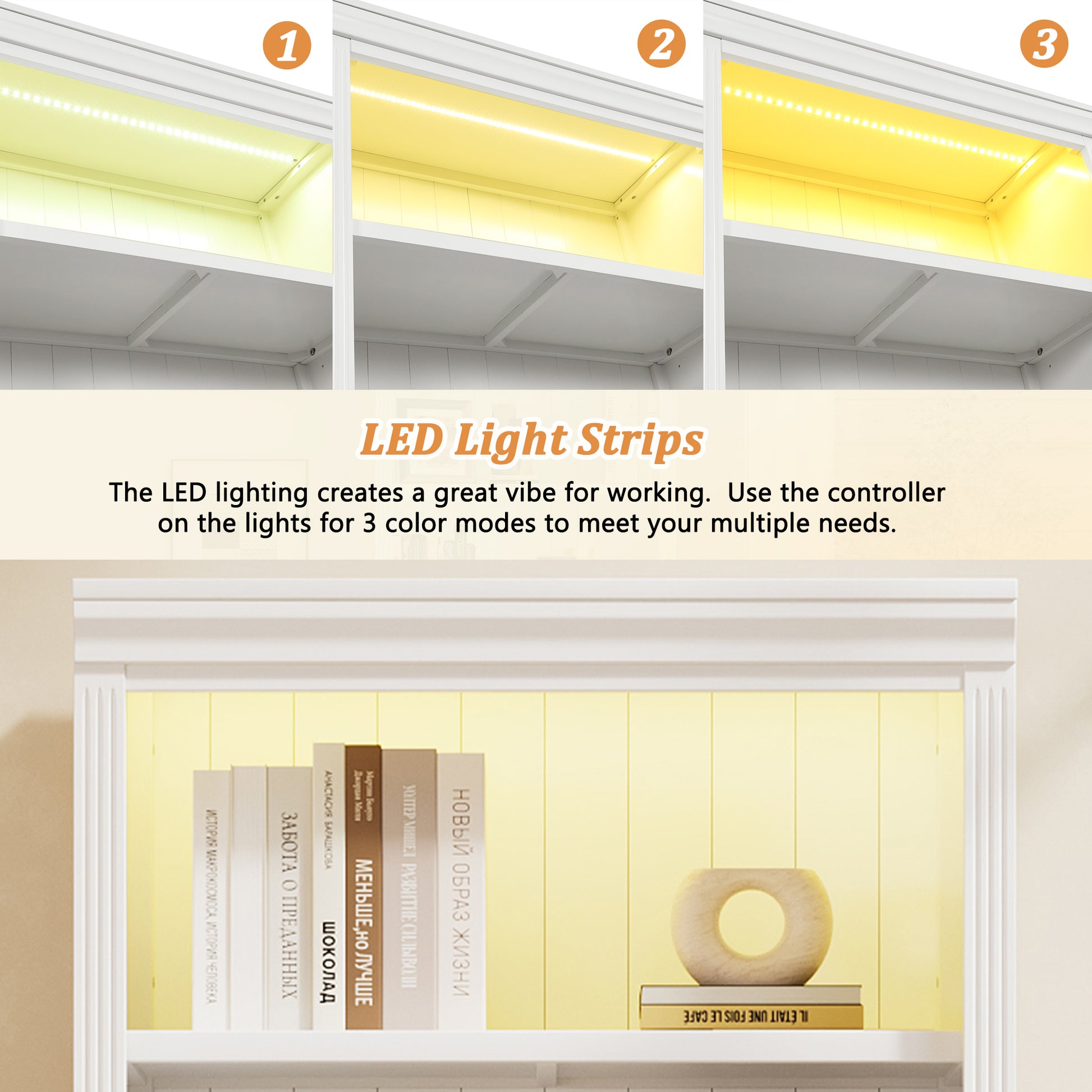 Solid Wood 5 Tier Bookshelf with LED Lighting for Home Storage for Living Room