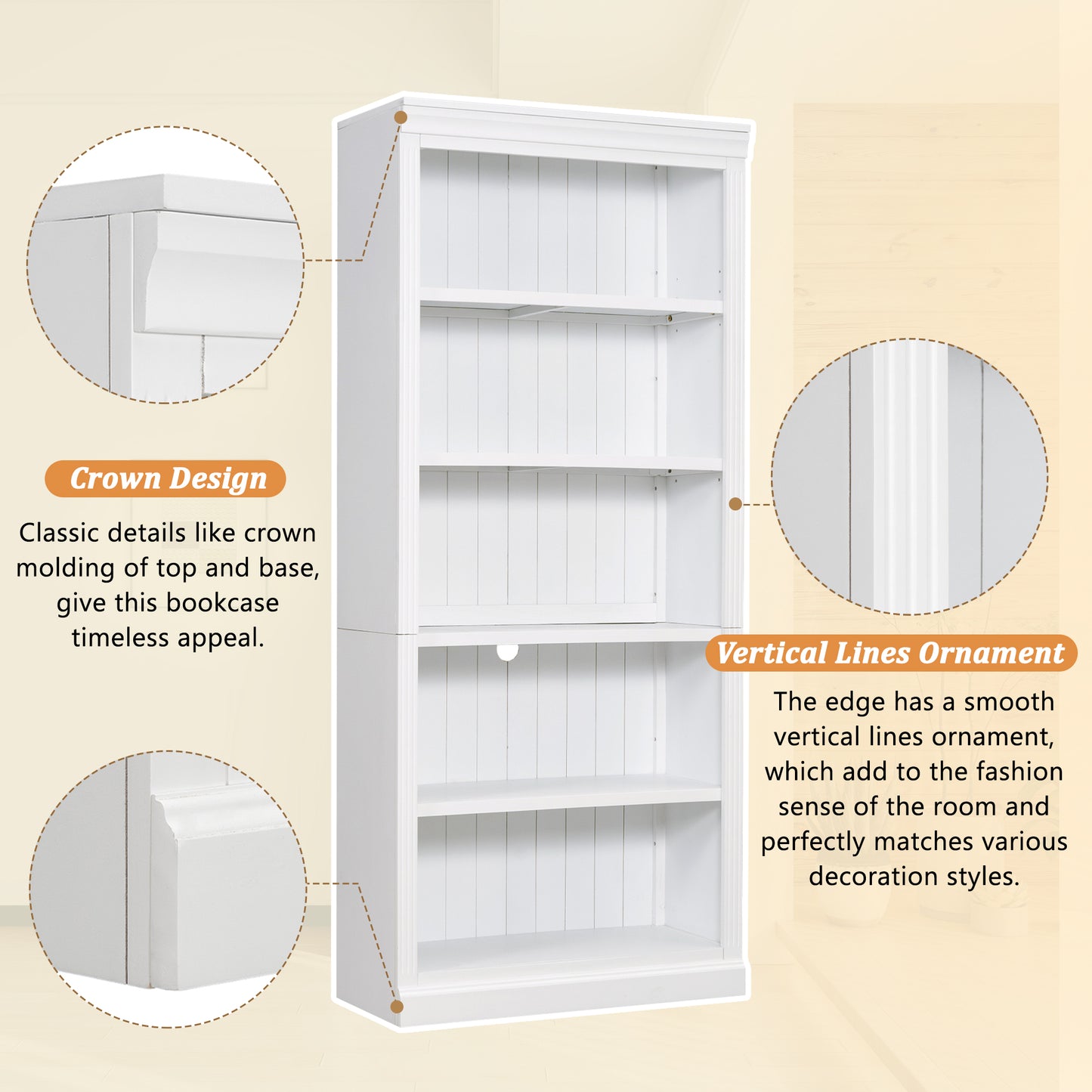 Solid Wood 5 Tier Bookshelf with LED Lighting for Home Storage for Living Room