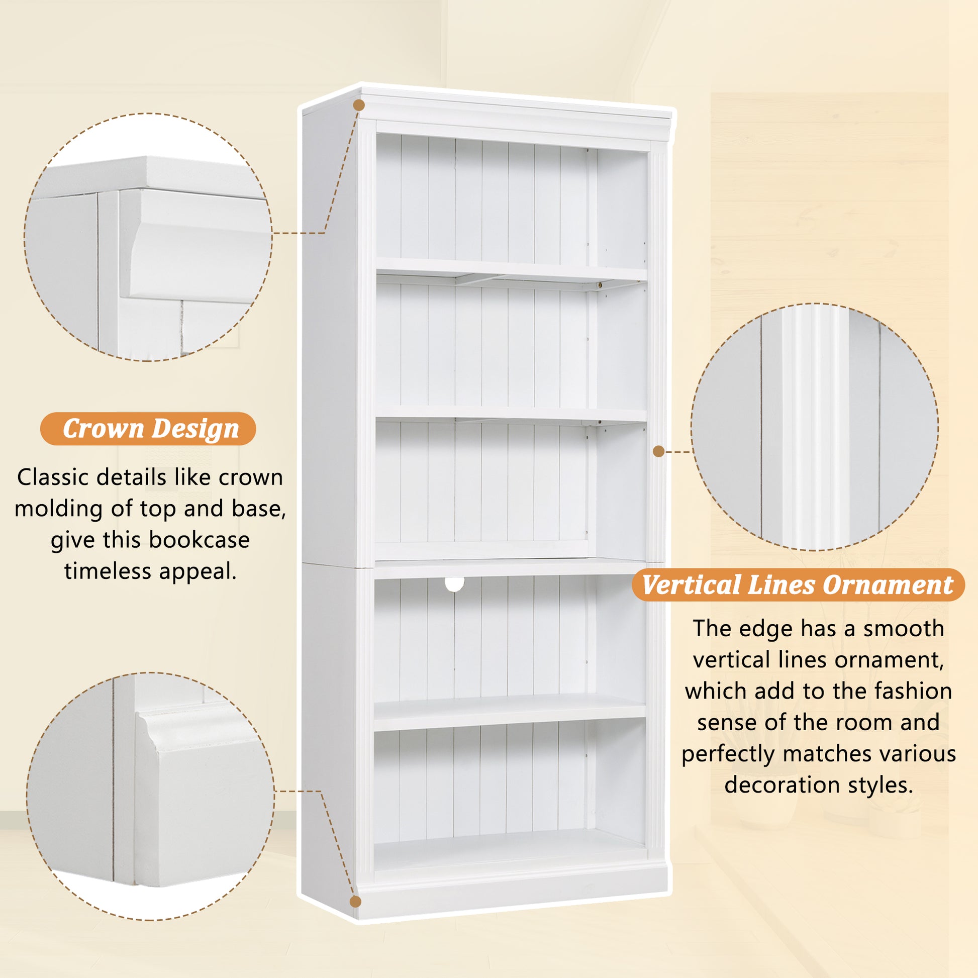 Solid Wood 5 Tier Bookshelf with LED Lighting for Home Storage for Living Room