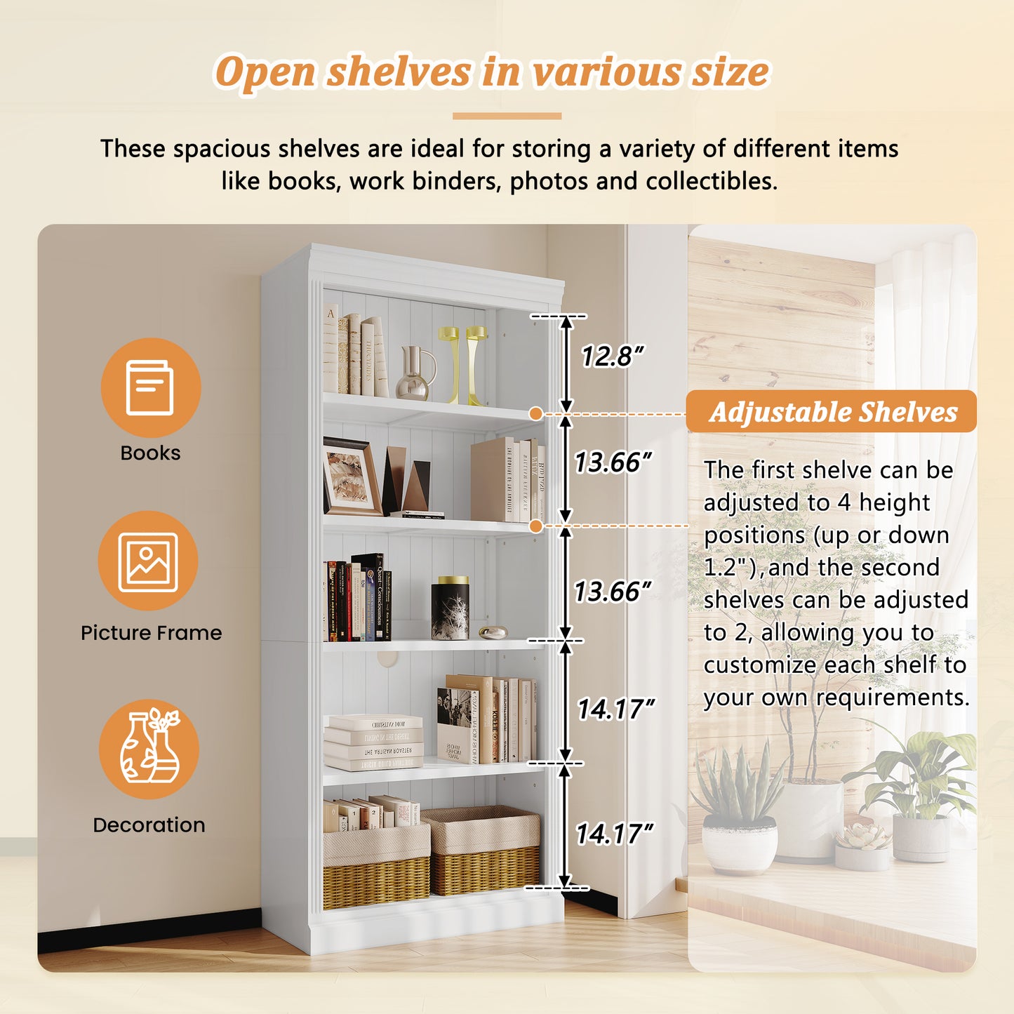 Solid Wood 5 Tier Bookshelf with LED Lighting for Home Storage for Living Room