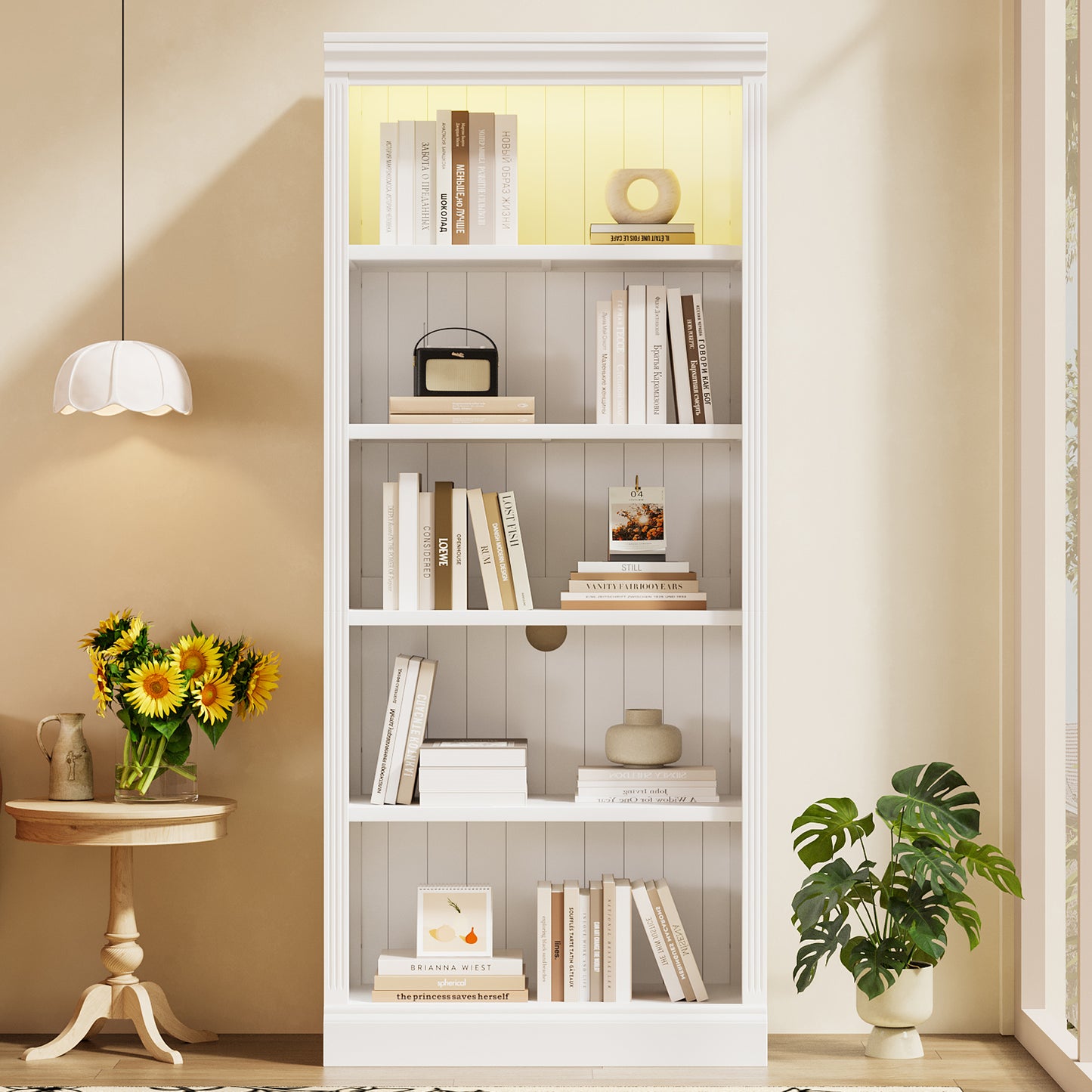 83.4" Tall Wood Bookcase with light strip,5-Tier Decor Bookshelves with Adjustable Shelves,Storage Organizer for CDs/Books,Free Standing Storage Shelves for Living Room,Home Office,White