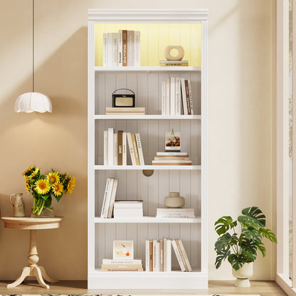 83.4" Tall Wood Bookcase with light strip,5-Tier Decor Bookshelves with Adjustable Shelves,Storage Organizer for CDs/Books,Free Standing Storage Shelves for Living Room,Home Office,White