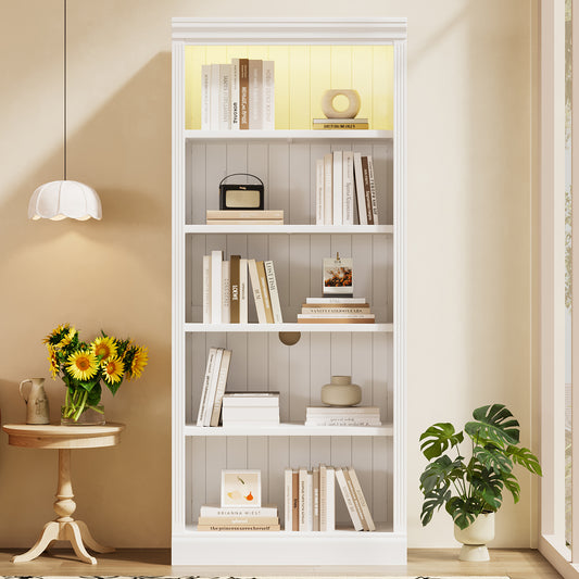 83.4" Tall Wood Bookcase with light strip,5-Tier Decor Bookshelves with Adjustable Shelves,Storage Organizer for CDs/Books,Free Standing Storage Shelves for Living Room,Home Office,White
