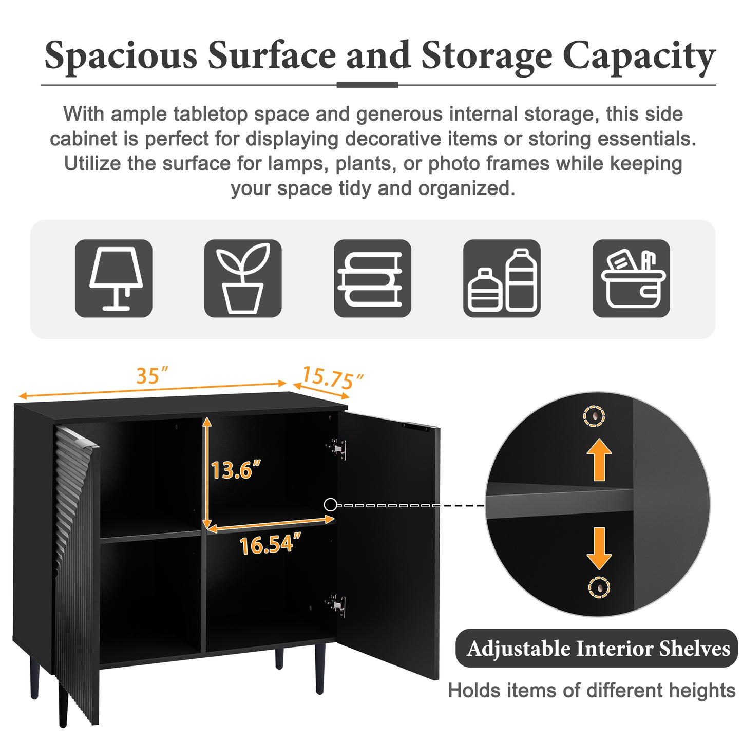 Black MDF Side Cabinet with Adjustable Shelves for Bedroom Storage for Living Room