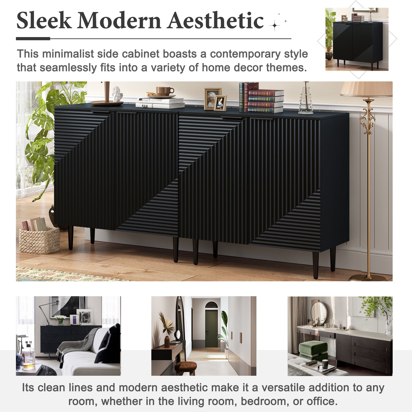 Black MDF Side Cabinet with Adjustable Shelves for Bedroom Storage for Living Room