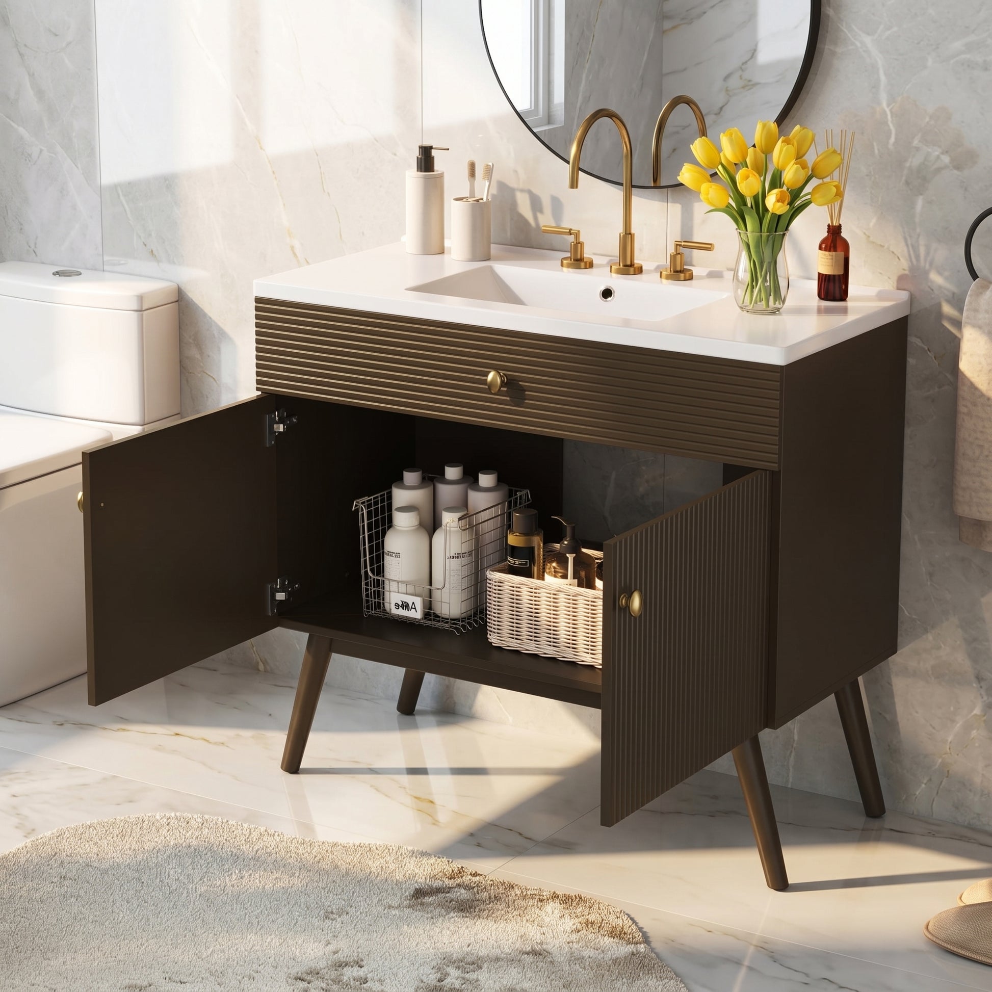 36 Inch Dark Brown Bathroom Vanity with Storage