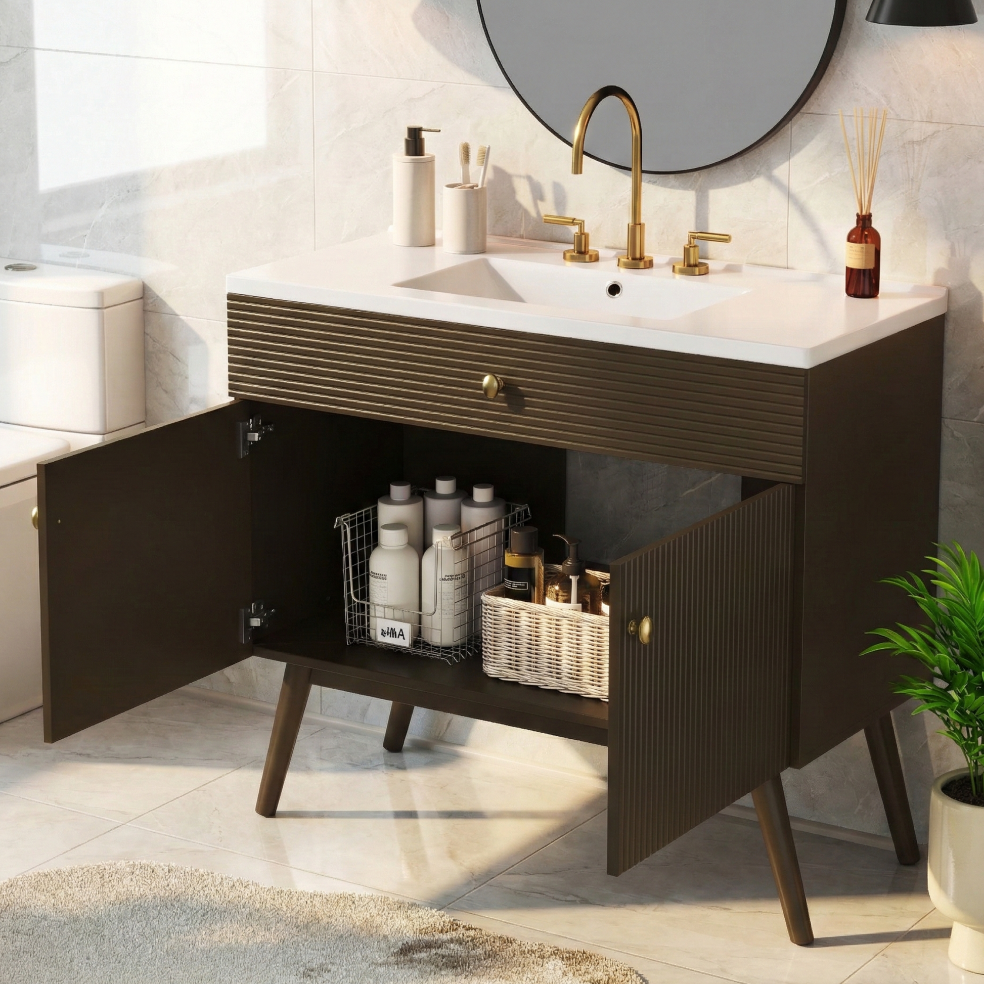 36 Inch Dark Brown Bathroom Vanity with Storage