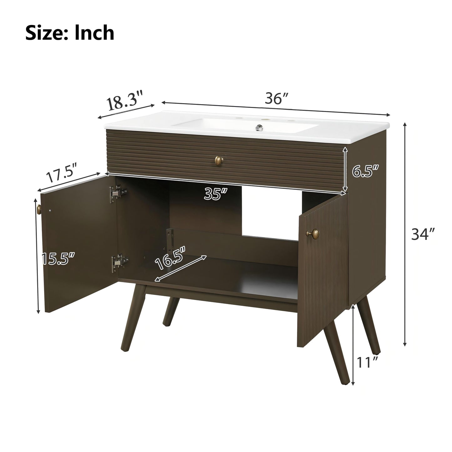 36 Inch Dark Brown Bathroom Vanity with Storage