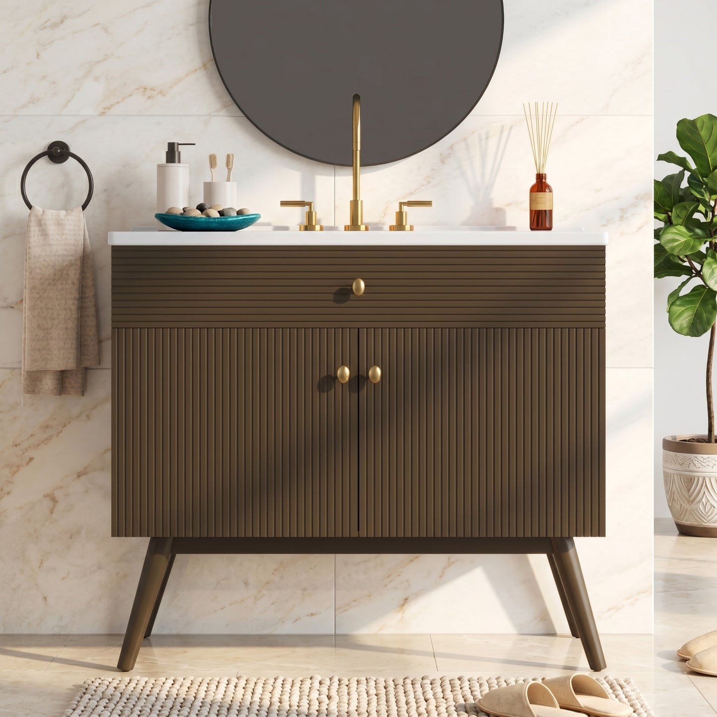 36" Luxury Striped Bathroom Vanity, Soft-Close Dual-Door Storage & Premium Ceramic Sink, Dark Brown