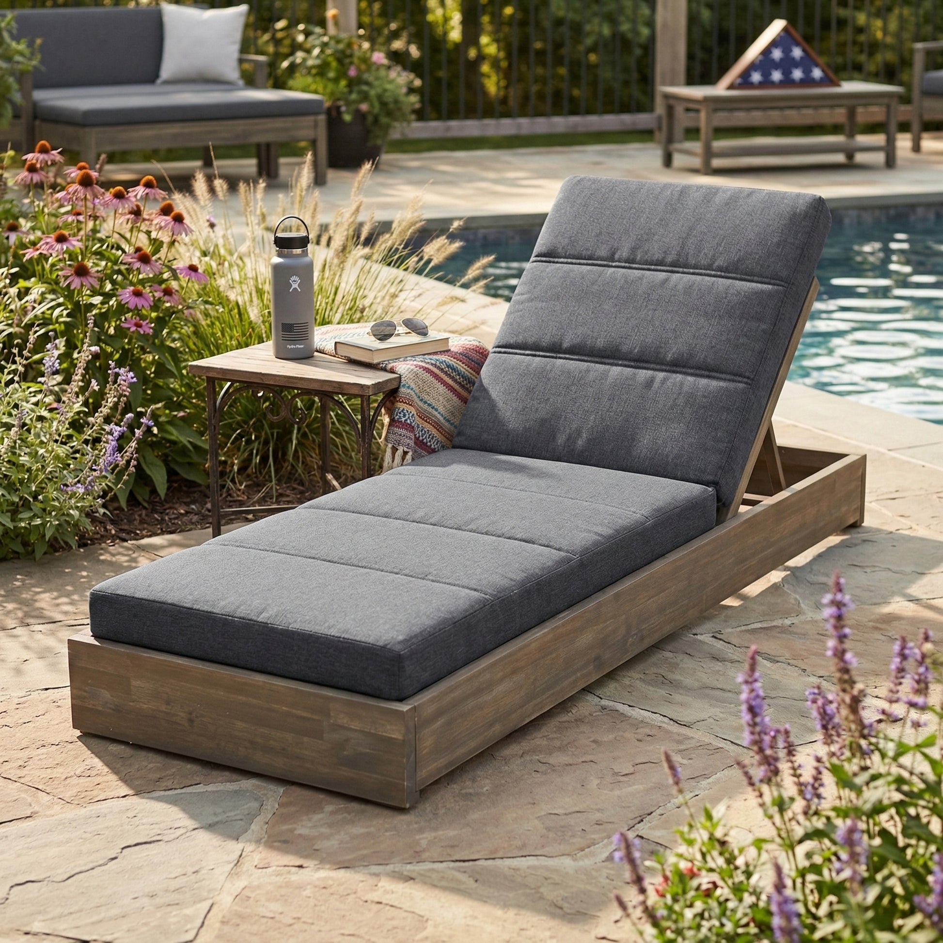 Grey Outdoor Chaise Lounge Cushion with Removable Cover