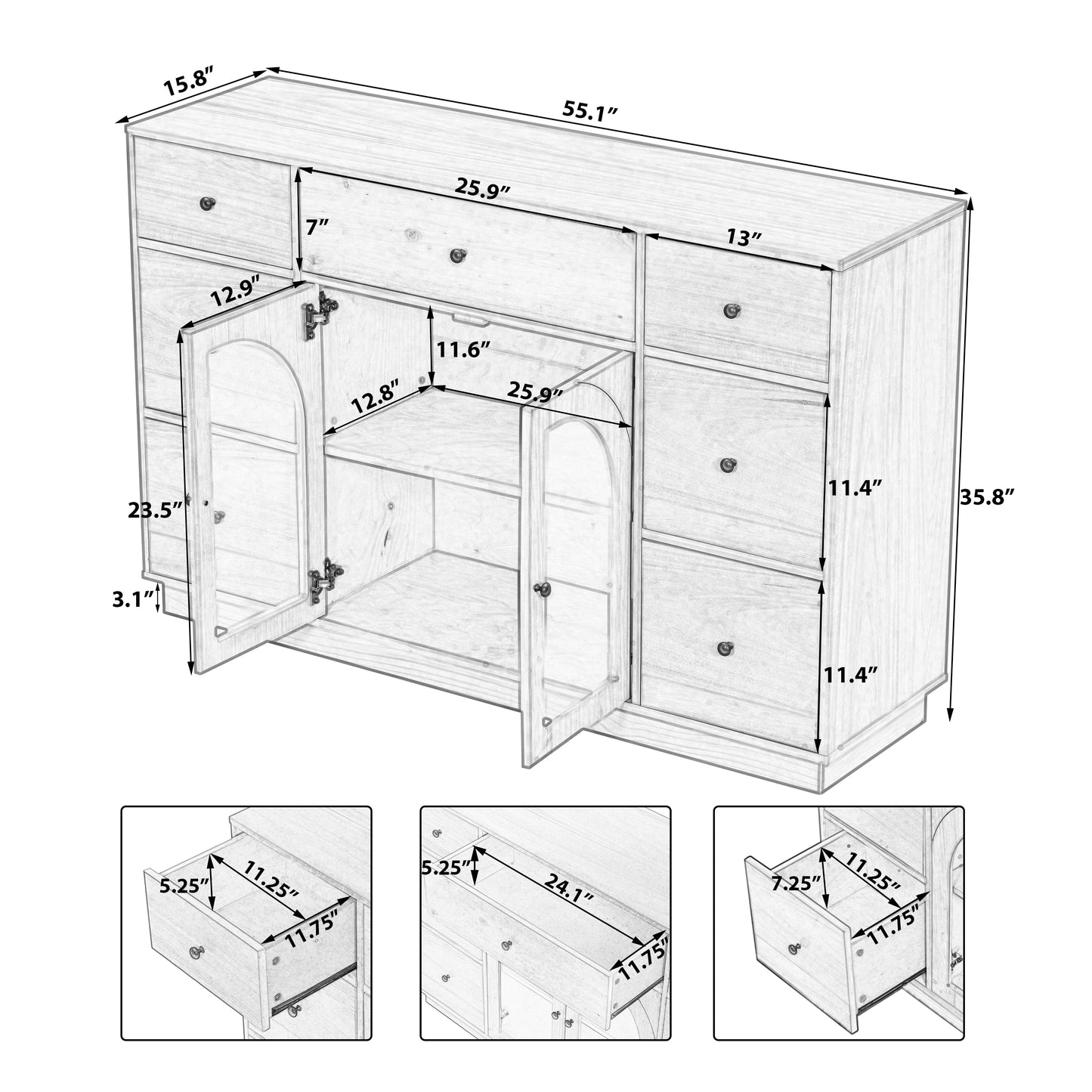 Black Accent Chest Cabinet - 55.1" Storage for Living Room