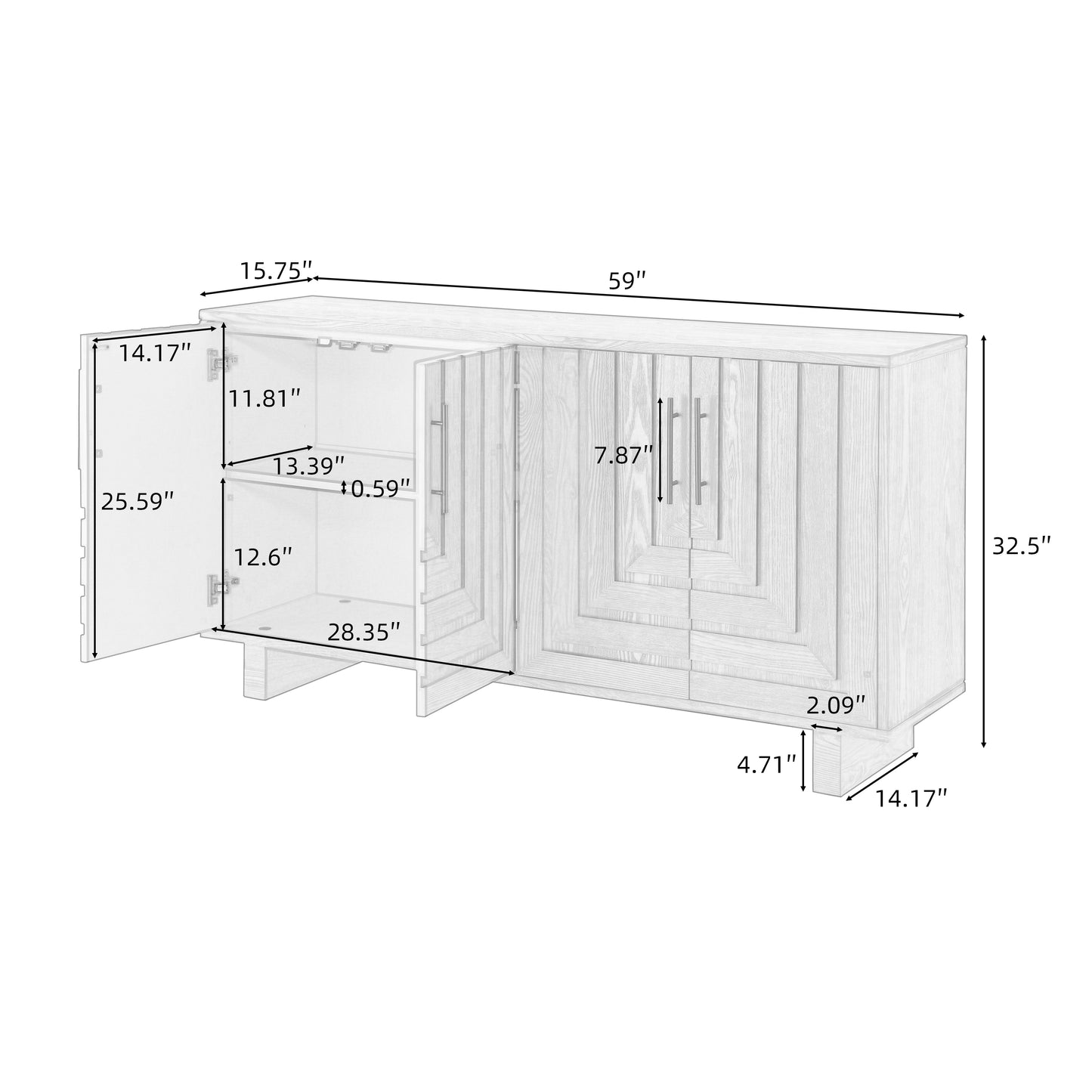 Natural MDF Sideboard Buffet - 59" Dining Storage Cabinet