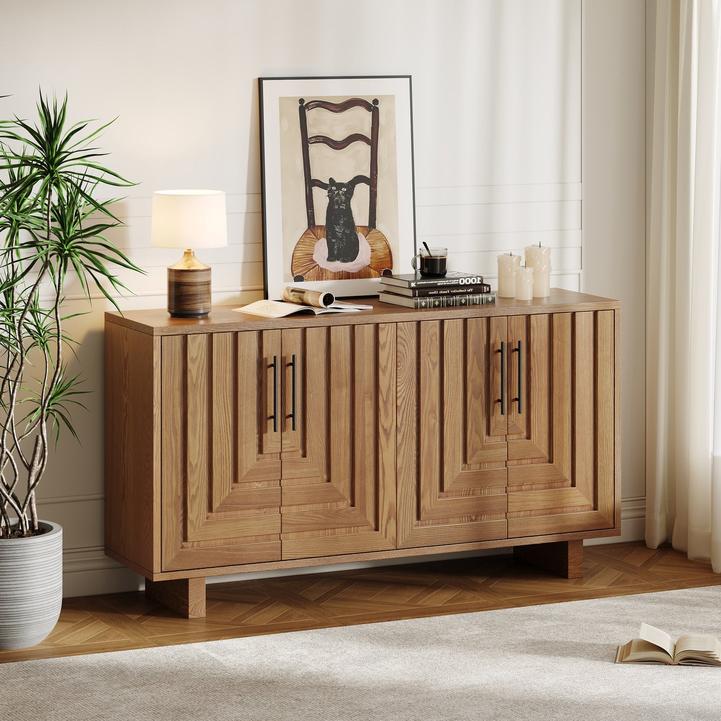 Modern sideboard, 59''×15.75''×32.5'' storage cabinet with 4 doors, MDF and ash veneer with metal handles, natural finish, suitable for dining/living room storage